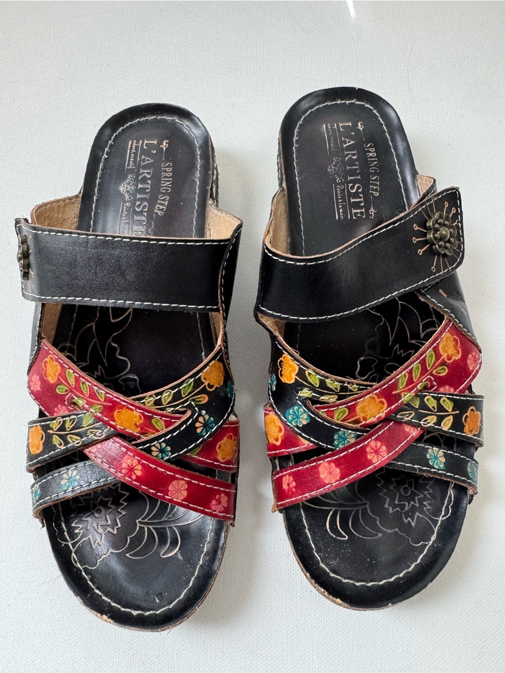 Women’s Spring Step L’Artiste Leather Floral Sandals Size 37 Comfort $100